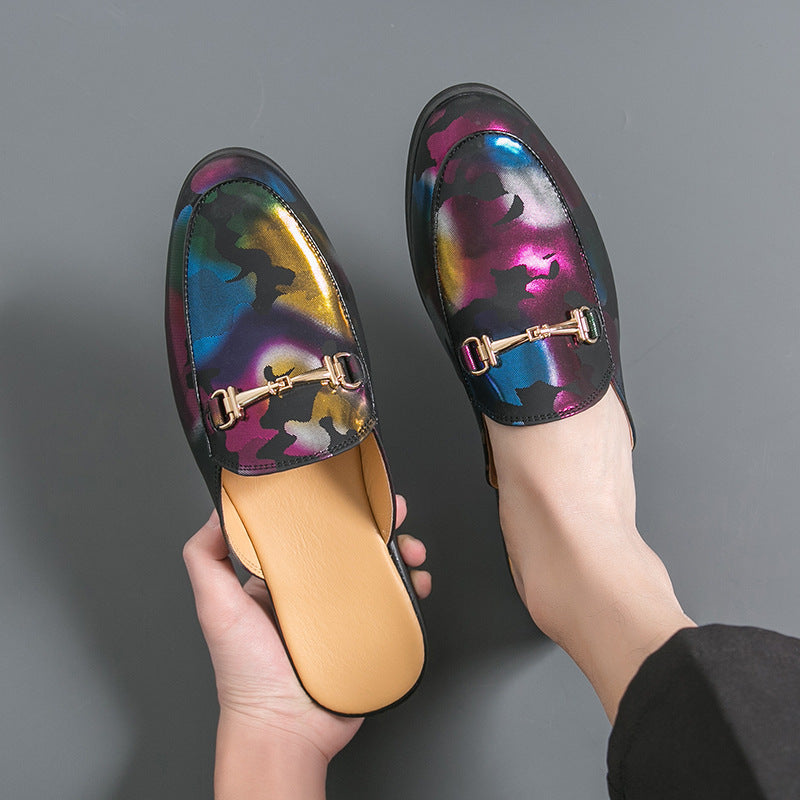 New Style Closed-Toe Half-Flip-Flops Mens Metallic Color Shallow-V Cut Leather Sandals