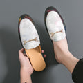 New Style Closed-Toe Half-Flip-Flops Mens Metallic Color Shallow-V Cut Leather Sandals
