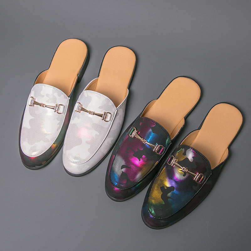 New Style Closed-Toe Half-Flip-Flops Mens Metallic Color Shallow-V Cut Leather Sandals